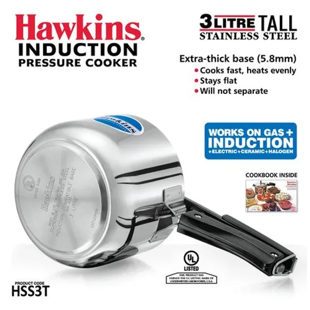 Hawkins Stainless Steel Inner Lid Pressure Cooker - Tall, Induction Base, With Handle, Silver, HSS3T, 3 l-5.webp